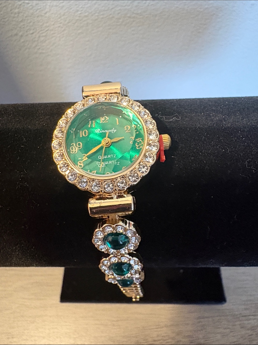Green Rhinestone Gold-Tone Quartz Bracelet Watch